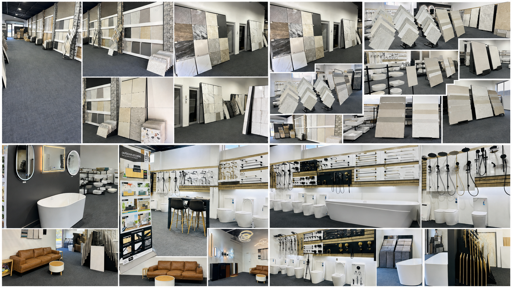 Collage of the Adelaide Build Source showroom, tiles, bathroomware and fixtures
